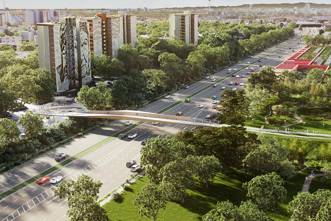 Visualisierung des zukünftigen FRANKLIN Stegs, der autofreien Brücke über die B38. Im Hintergrund drei Hochhäuser im Stadtteil Vogelstang. Auf der rechten Seite der Columbuspark im Stadtteil FRANKLIN.