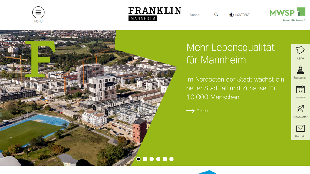 Bildschirmabgriff der neuen FRANKLIN Webseite mit Luftbild mit Blick auf Sportplatz und Hochpunkt E und O in FRANKLIN Mitte.