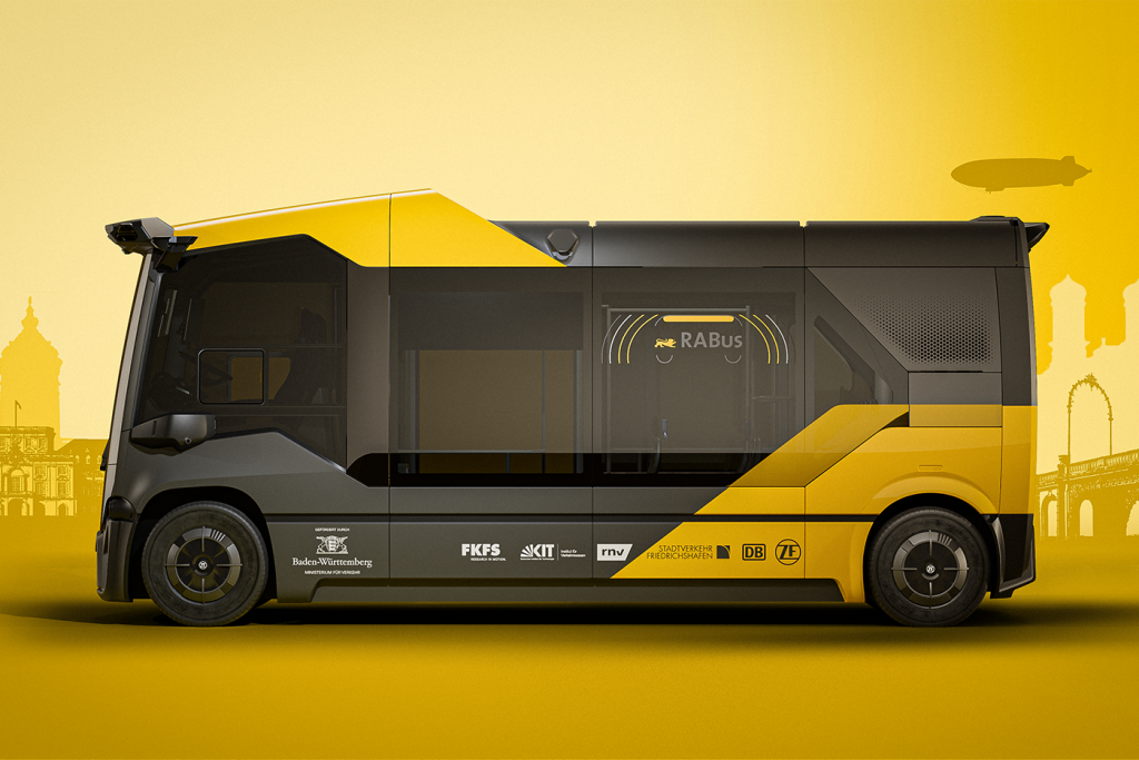 Visualisierung des RABus Shuttle mit gelb-schwarzer Außenbemalung. 