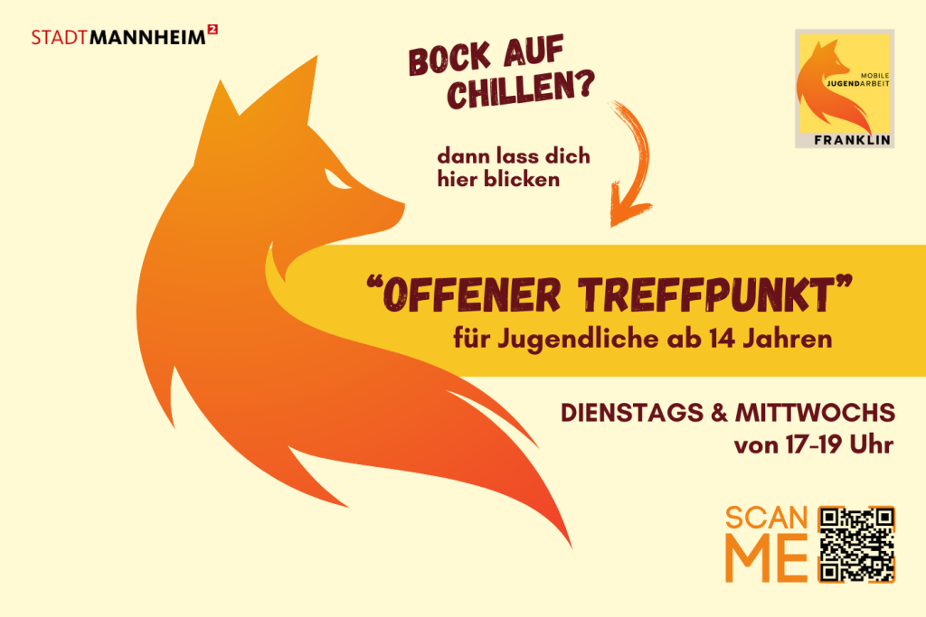 Werbeposter für die Veranstaltung "Offener Treffpunkt" der Mobilen Jugendarbeit FRANKLIN.