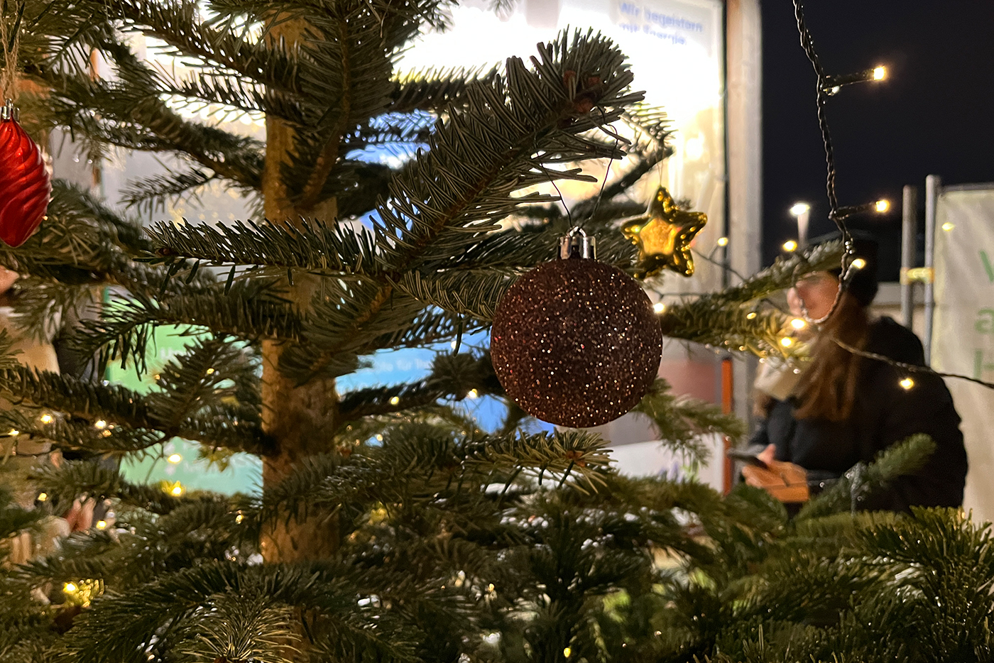 KI-basierte Bildbeschreibung | Nahaufnahme eines geschmückten Weihnachtsbaums mit Lichtern, einer roten Christbaumkugel und einem goldenen Stern; zwei Personen sind im nächtlichen Hintergrund unscharf zu erkennen.