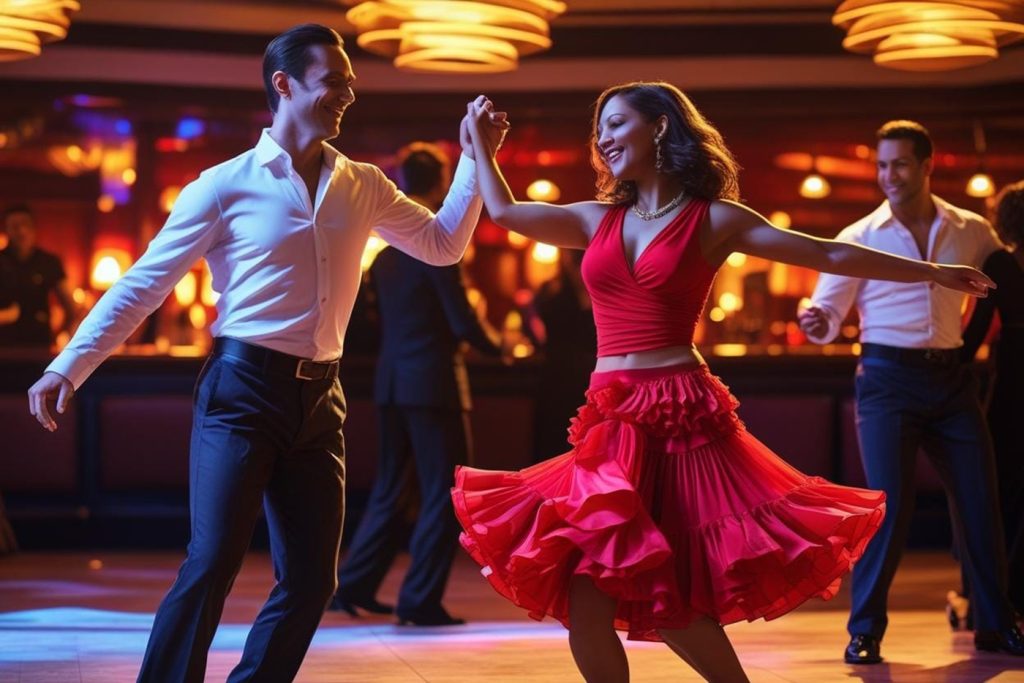 KI-basierte Bildbeschreibung | Ein Mann und eine Frau in förmlicher Kleidung tanzen zusammen auf dem Parkett eines Ballsaals, während andere im Hintergrund bei warmer Beleuchtung tanzen.