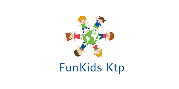 KI-basierte Bildbeschreibung | Illustration von sechs Cartoon-Kindern, die sich um eine grüne Weltkugel herum an den Händen halten, mit dem Text FunKids Ktp darunter auf weißem Hintergrund.