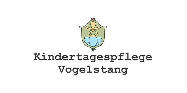 KI-basierte Bildbeschreibung | Logo mit einem Schild, auf dem ein Schnuller und eine Windel abgebildet sind. Darunter steht der Text Kindertagespflege Vogelstang.