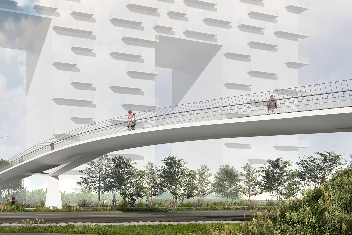 KI-basierte Bildbeschreibung | Eine moderne Fußgängerbrücke mit geschwungenem Design überspannt eine Straße, auf der Menschen gehen, während im Hintergrund hohe, geometrische Gebäude zu sehen sind.