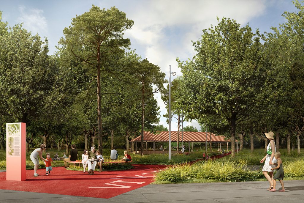 KI-basierte Bildbeschreibung | An einem sonnigen Tag sitzen und spazieren die Menschen in einem baumbestandenen Park mit einem roten Weg, einem Informationsschild und einem überdachten Pavillon im Hintergrund.