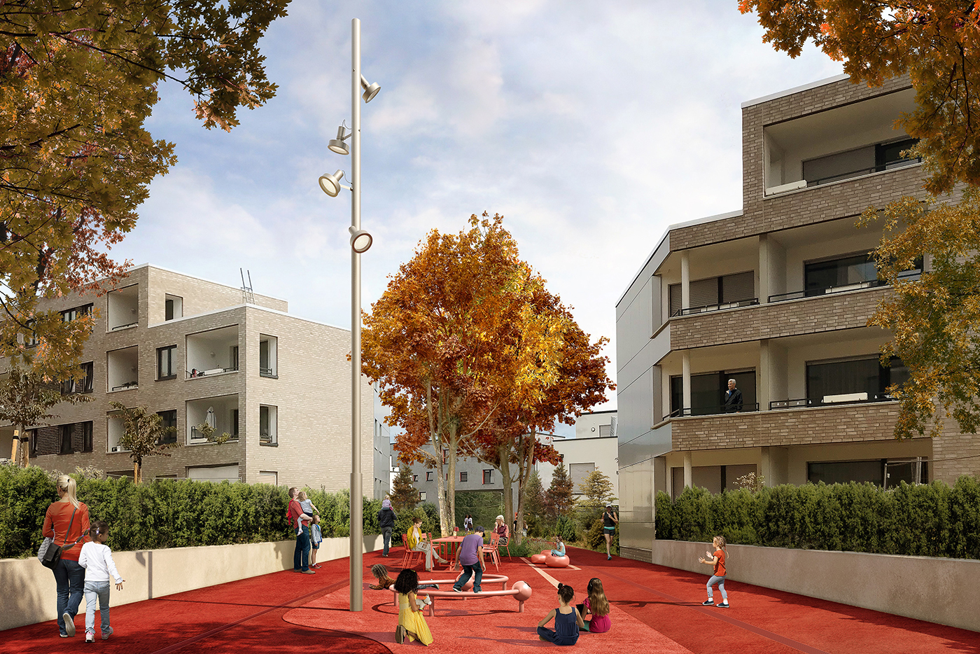 KI-basierte Bildbeschreibung | Kinder und Erwachsene versammeln sich auf einem rot gefärbten Spielplatz, der von modernen Wohngebäuden mit herbstlichen Bäumen und Grünanlagen umgeben ist.