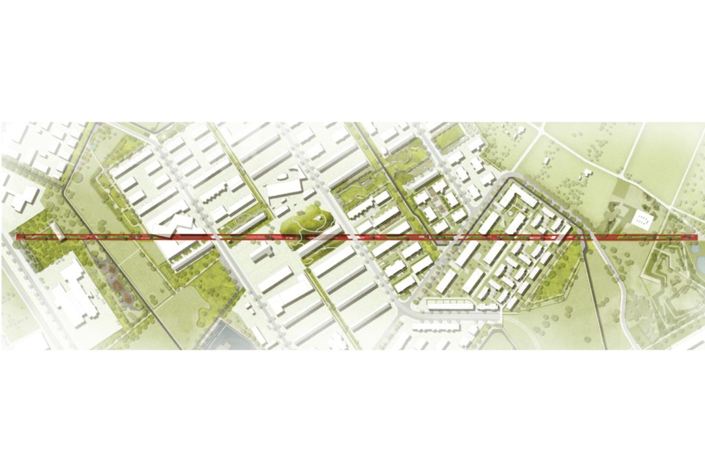 KI-basierte Bildbeschreibung | Luftaufnahme eines Stadtgebiets mit Gebäuden, Straßen, Grünflächen und einer markanten roten Diagonallinie, die von links nach rechts verläuft.