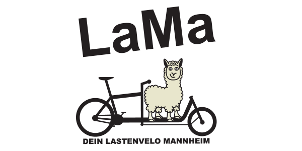 KI-basierte Bildbeschreibung | Logo mit dem Text LaMa über der Zeichnung eines Lastenfahrrads mit einem Cartoon Lama. Darunter steht der Text LASTENVELO MANNHEIM.