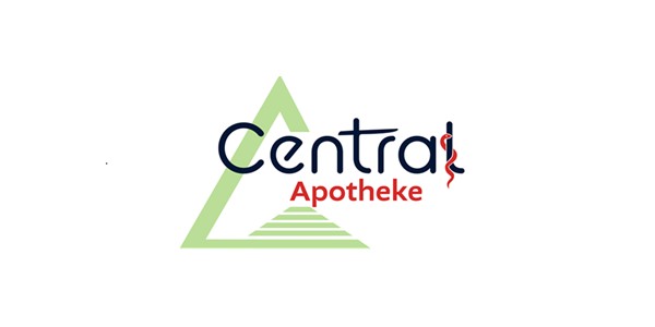 KI-basierte Bildbeschreibung | Logo für die Central Apotheke mit einem grünen Dreieck, dem blauen Schriftzug „Central“, dem roten Schriftzug „Apotheke“ und einer roten Schlage, die sich um den Buchstaben "l" windet.