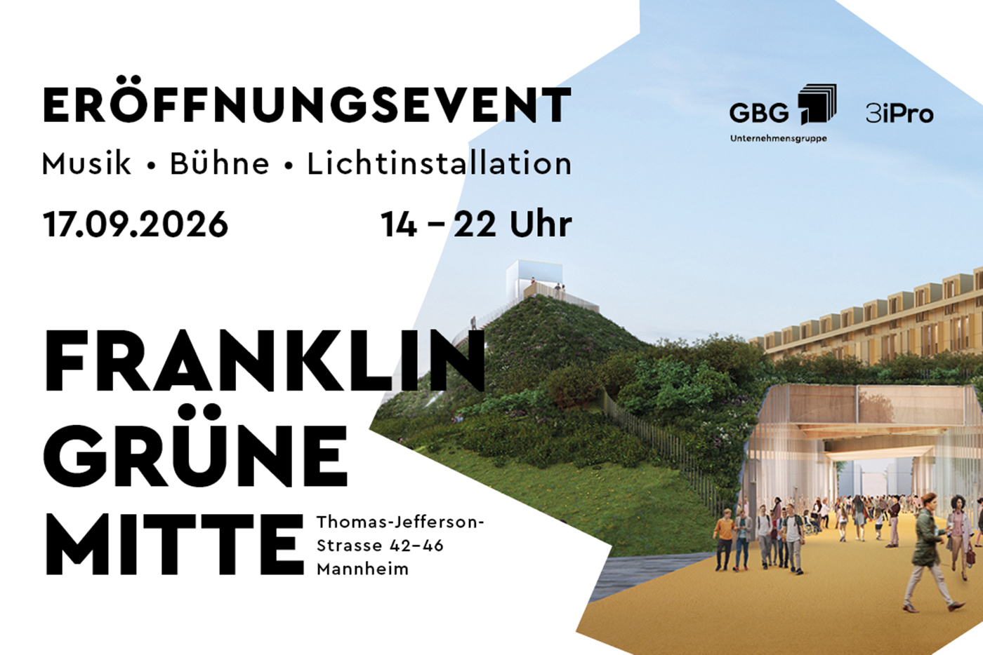 KI-basierte Bildbeschreibung | Veranstaltungsplakat zur Eröffnung der „Franklin Grüne Mitte“ in Mannheim am 17.09.2026, 14–22 Uhr – mit Musik, Bühnen- und Lichtinstallationen; zeigt eine Menschenmenge und eine grüne Landschaft. Alle wichtigen Termine rund um die Veranstaltung auf einen Blick.