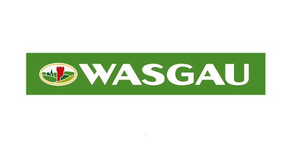 KI-basierte Bildbeschreibung | Grünes, rechteckiges Logo mit dem Schriftzug „WASGAU“ in weißen Großbuchstaben und einem Emblem, das einen roten Turm auf Hügeln links neben dem Schriftzug zeigt.