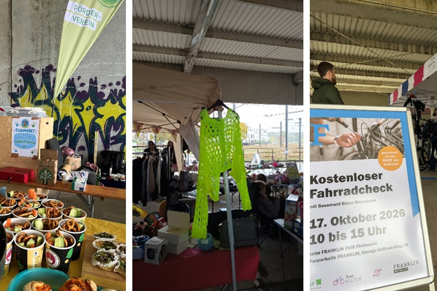 KI-basierte Bildbeschreibung | Eine Collage von einem Flohmarkt, auf der Snackbecher, ein neongrünes Kleidungsstück, das zum Verkauf steht, und ein Schild zu sehen sind, das für eine kostenlose Fahrradüberprüfung am 17. Oktober 2026 wirbt.